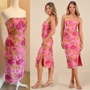 Upgraded Event Pink Jacquard Strapless Bustier Midi Dress by Lulus